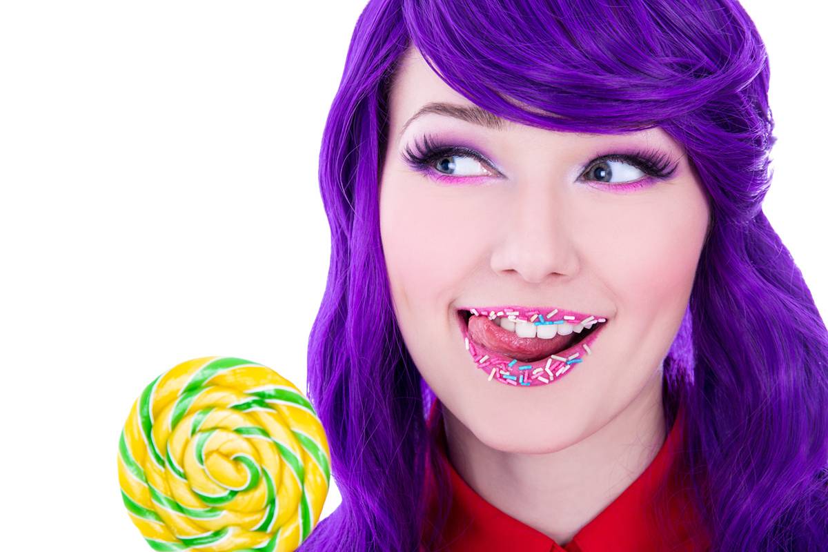 close up portrait of young beautiful woman with purple hair, lol
